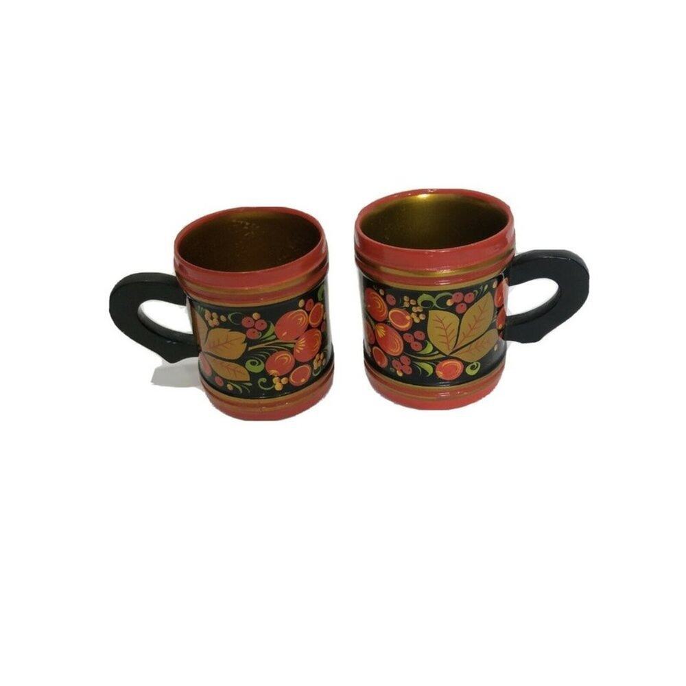 Lacquer Painted Red Black Gold Russian Wooden Mugs Set of 2
